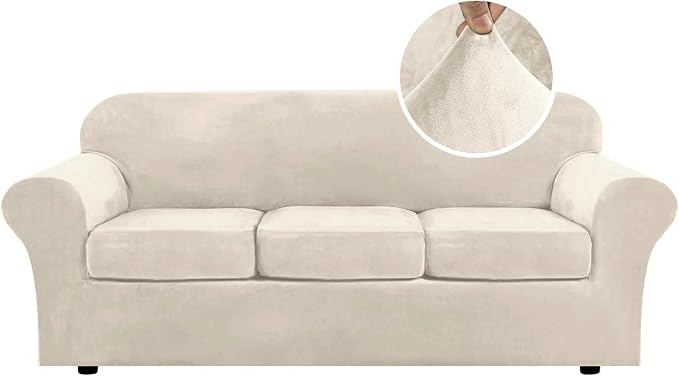 Modern Velvet Plush 4-Piece Sofa Slipcover Ivory