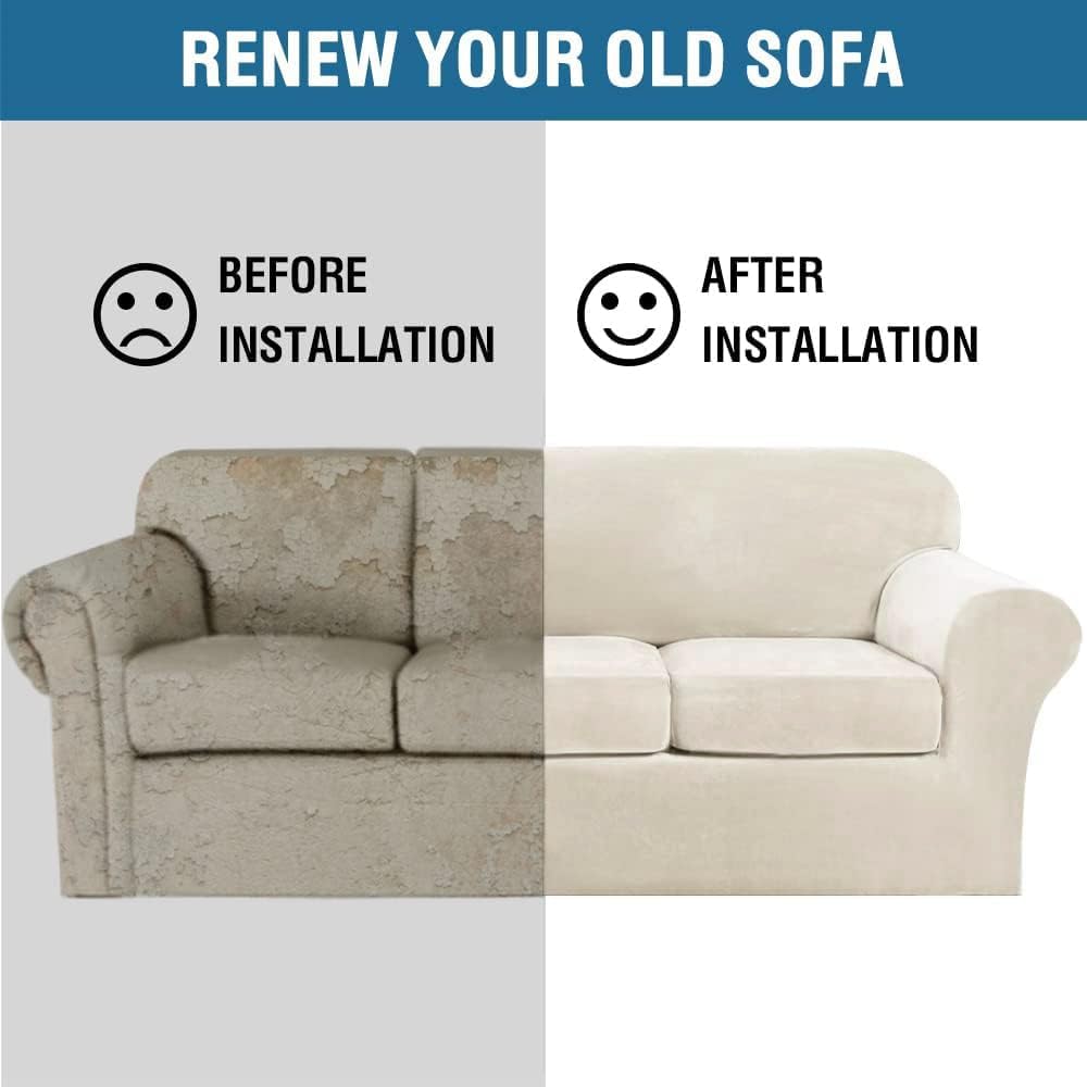 Modern Velvet Plush 4-Piece Sofa Slipcover Ivory