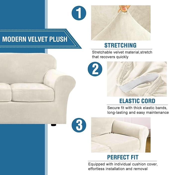 Modern Velvet Plush 4-Piece Sofa Slipcover Ivory